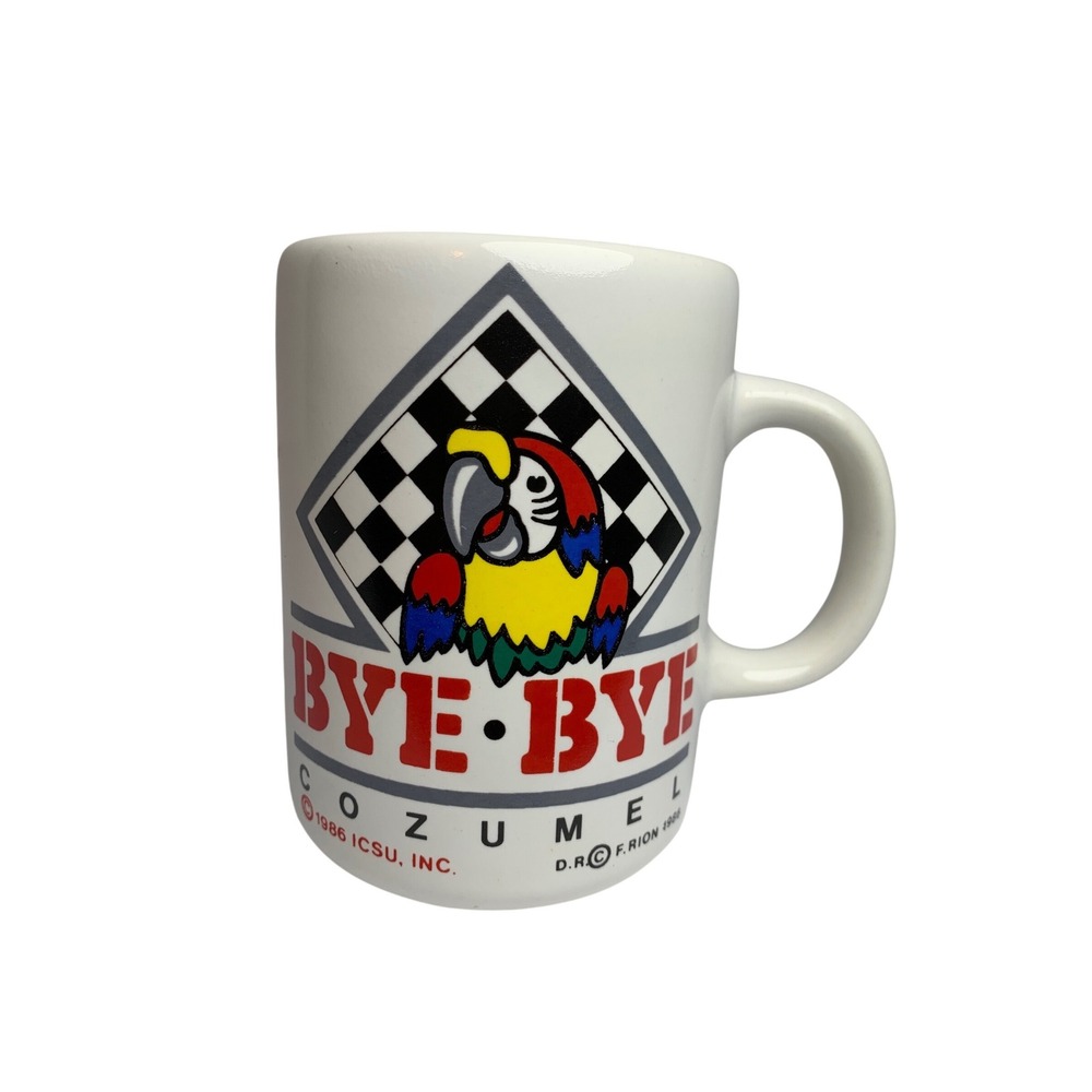 Vintage 1986 Bye Bye Cozumel Parrot Coffee Mug Retro Souvenir White Ceramic Cup